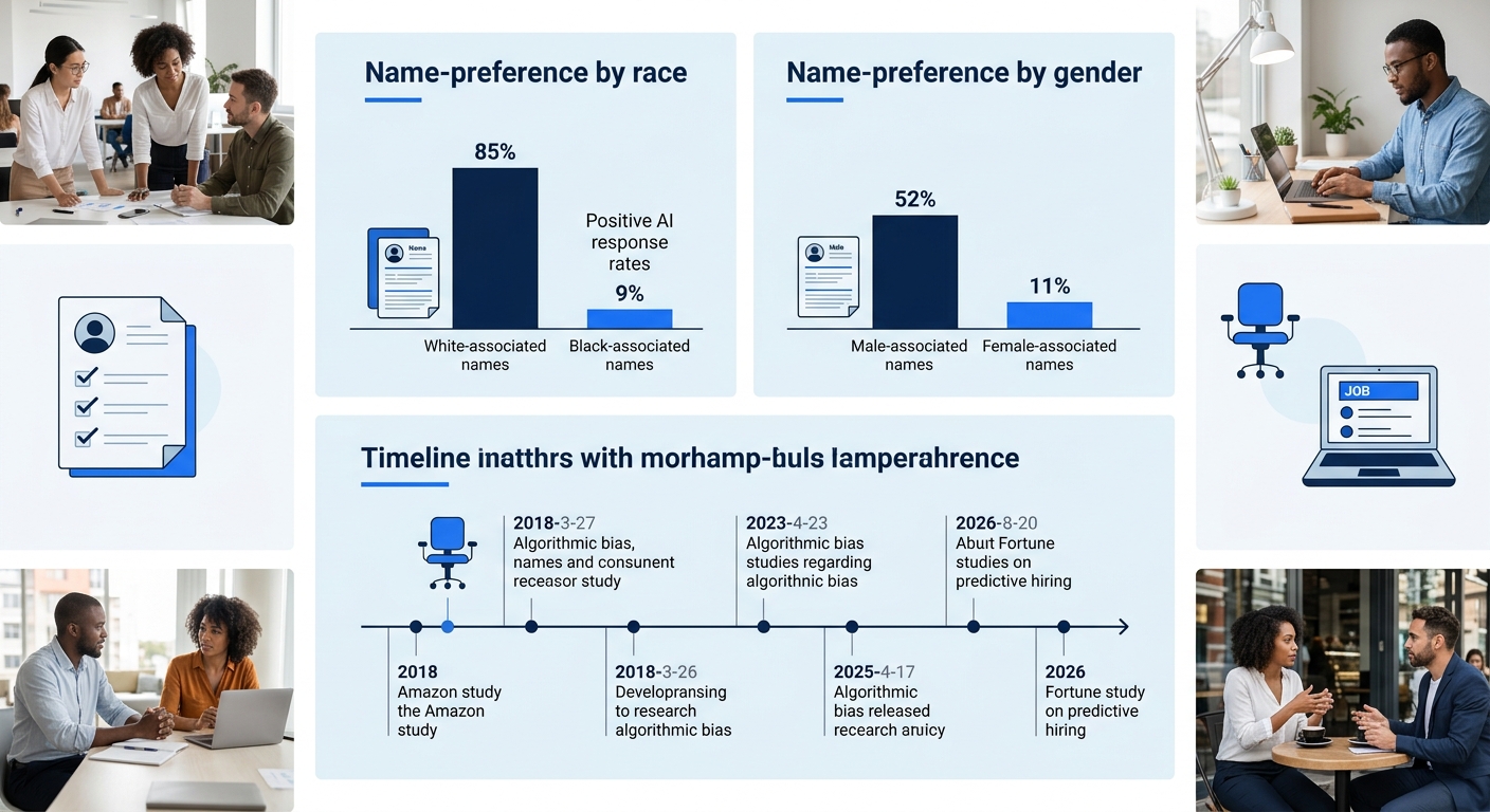 an infographic showing three data points from AI resume bias research - a bar chart comparing name-preference rates by race (85% white-associated vs 9% Black-associated) and gender (52% male vs 11% fe
