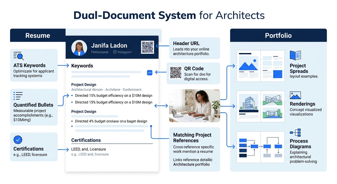 Infographic showing the dual-document system for architects with three columns - left column labeled Resume showing elements like ATS keywords, quantified bullets, and certifications; middle column sh