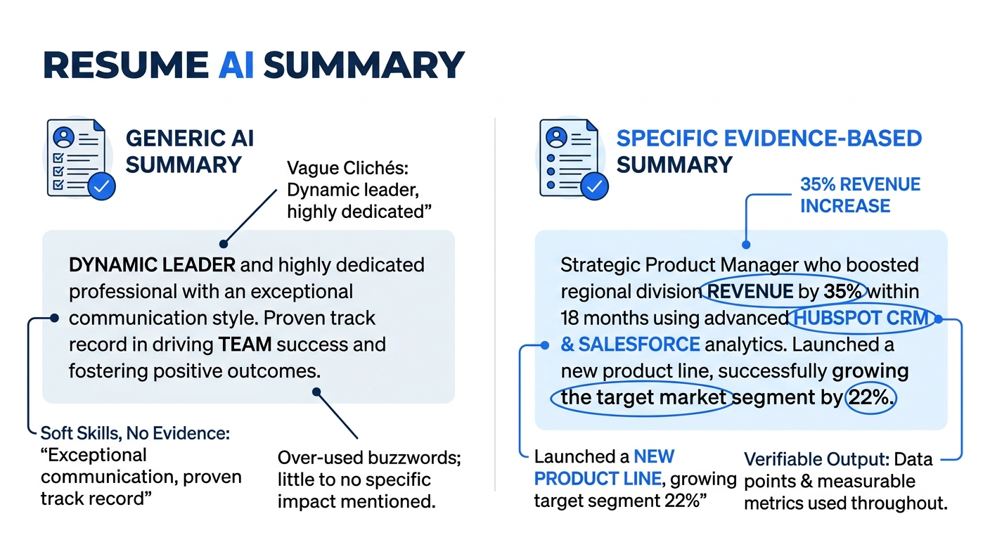 Side-by-side comparison of two resume summary sections, one showing a generic AI-generated paragraph about leadership and communication skills, and the other showing a specific evidence-based summary