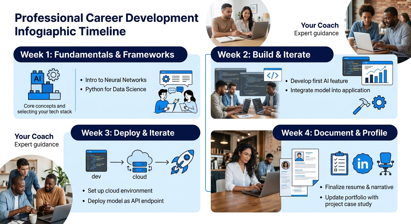 a timeline showing a 4-week AI upskilling sprint for developers, with Week 1 covering fundamentals and framework selection, Week 2 covering project building, Week 3 covering deployment, and Week 4 cov