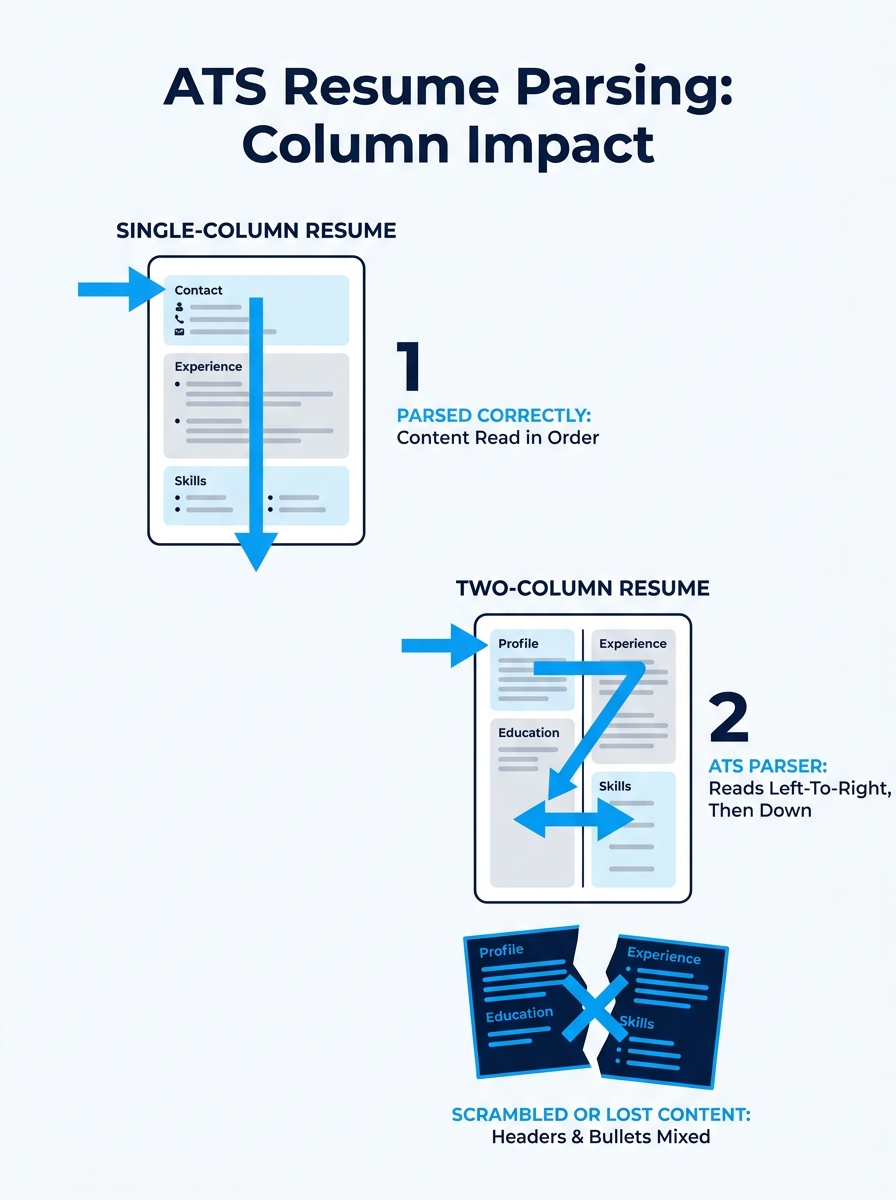Infographic showing how an ATS parser reads a two-column resume versus a single-column resume, with arrows indicating reading order and highlighted sections where content gets scrambled or lost in the