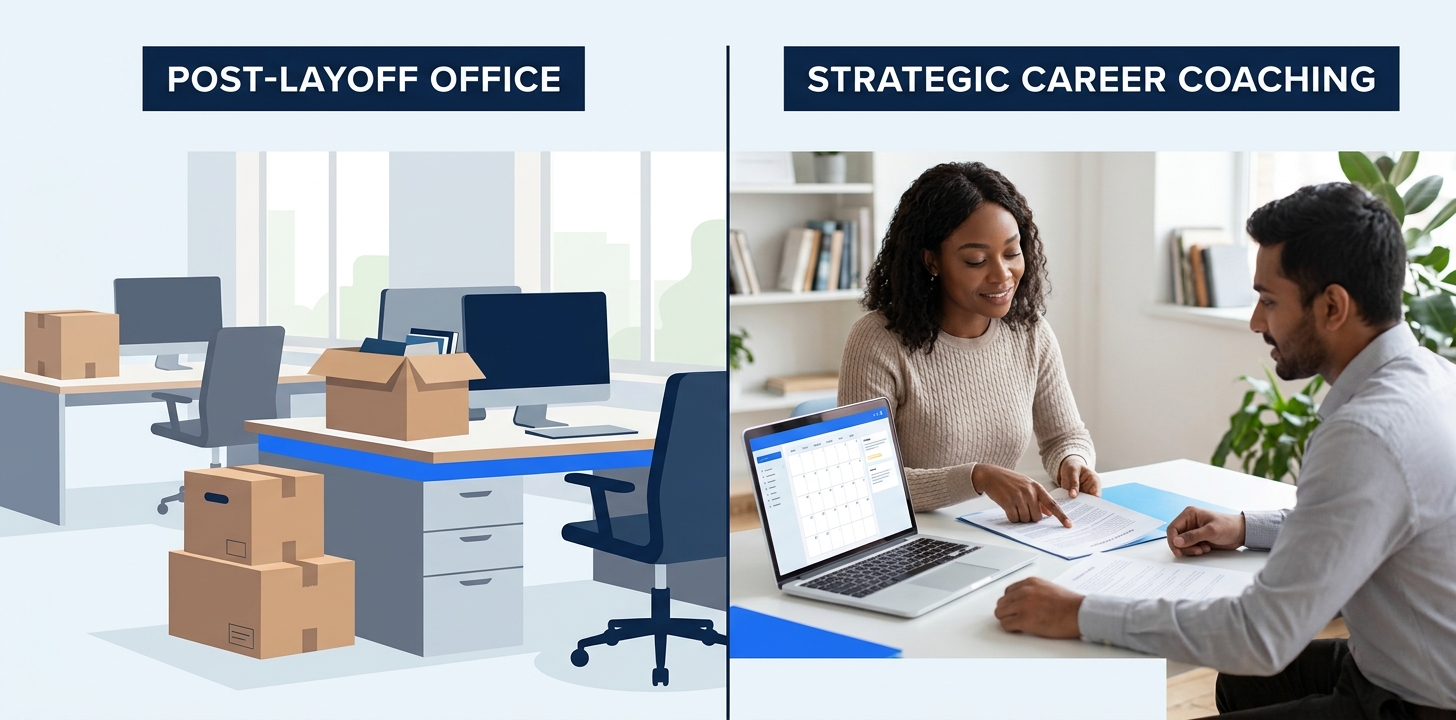A split-screen illustration showing a corporate tech office with empty desks and packed boxes on one side, and a focused career coaching session with a professional reviewing strategy documents and a