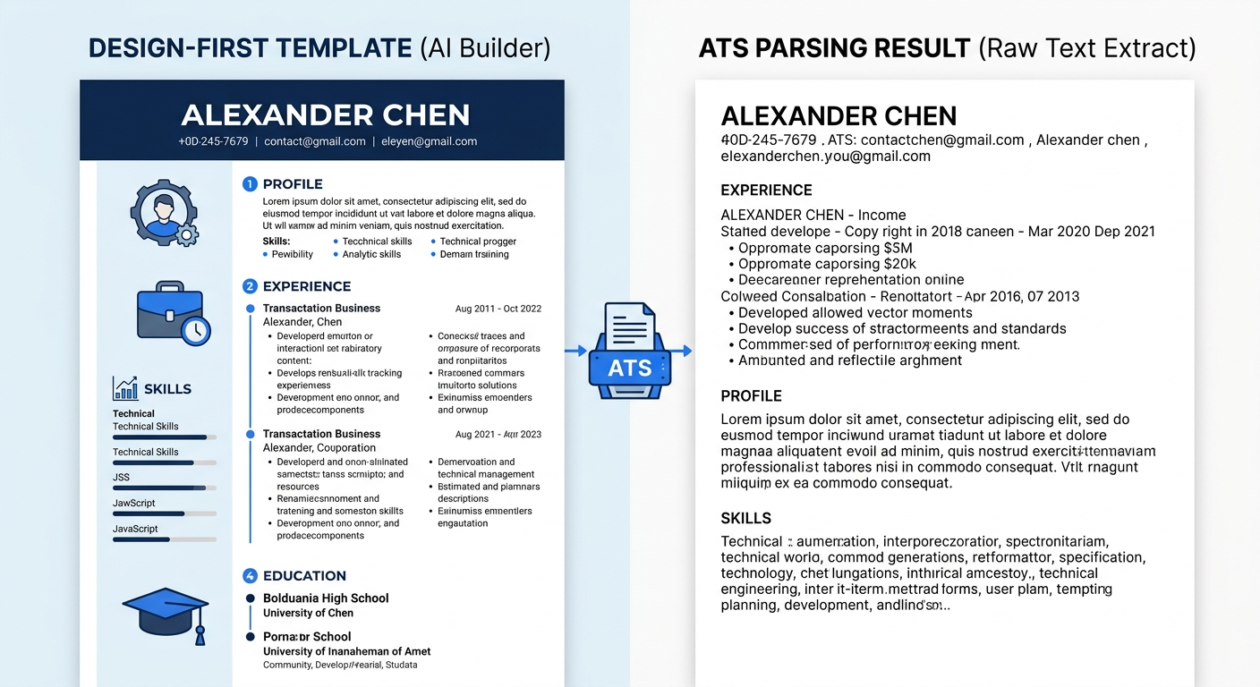 Side-by-side comparison of the same resume content as it appears in a formatted AI resume builder template versus how it renders after ATS parsing, showing missing sections, reordered content, and los