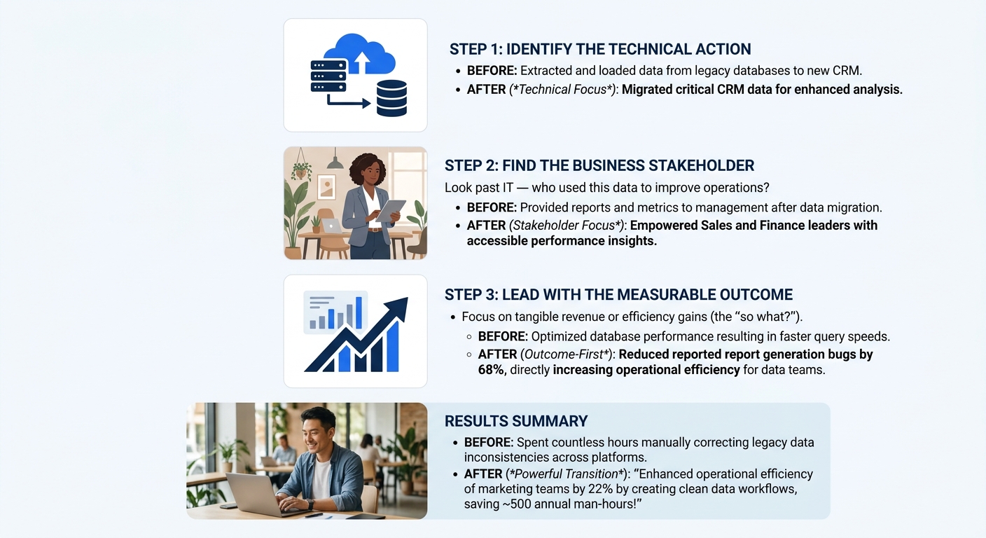 An infographic showing the three-step data migration resume bullet translation process: identify the technical action at top, find the business stakeholder in middle, lead with the measurable outcome