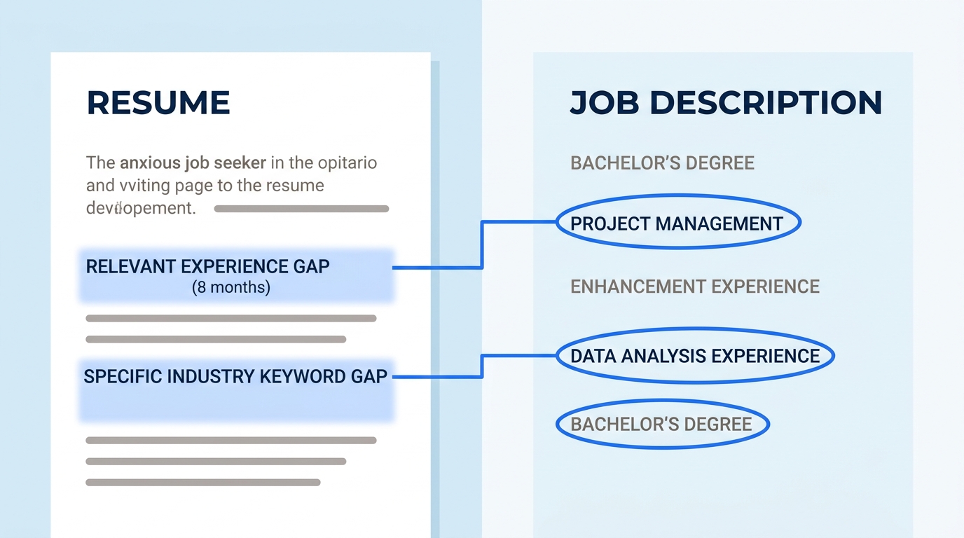 A split-screen illustration showing a resume on the left with highlighted gaps and a job description on the right with corresponding keywords circled, connected by matching lines