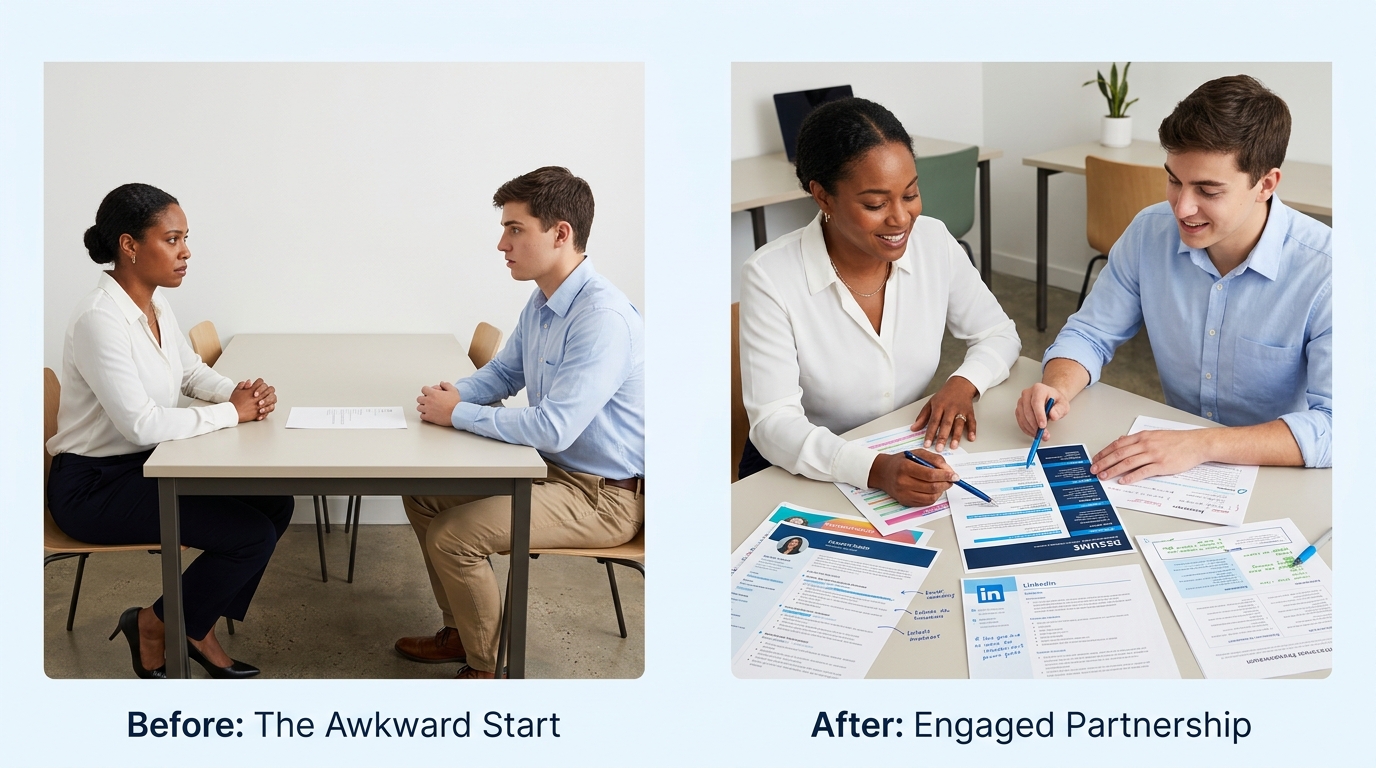 Two side-by-side scenes of a career coaching meeting—on the left, a coach and client in an awkward first conversation with only one piece of paper between them; on the right, the same pair deeply enga