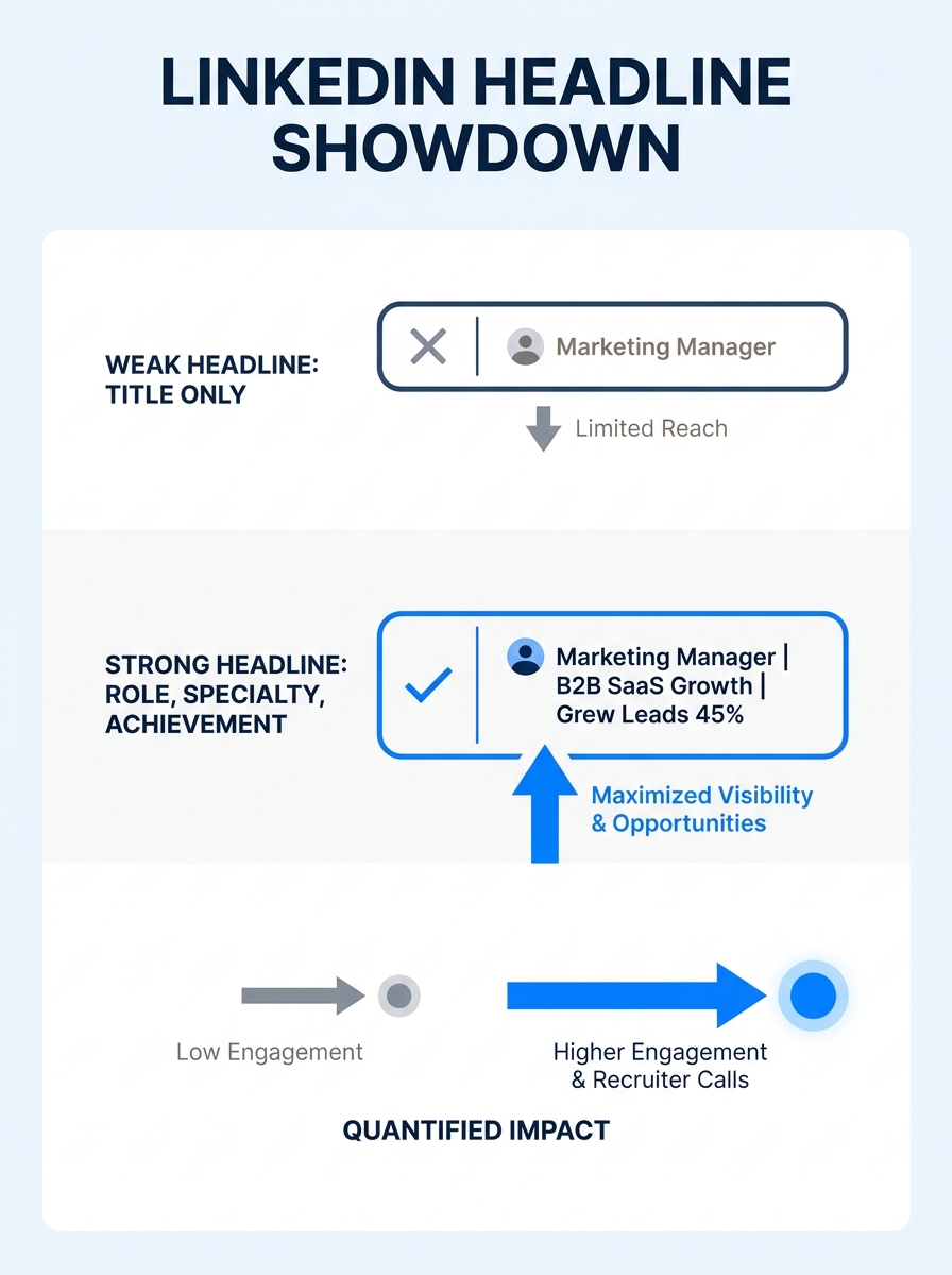 Side-by-side comparison of a weak LinkedIn headline using only job title vs. a strong 220-character headline with role, specialty, and quantified achievement
