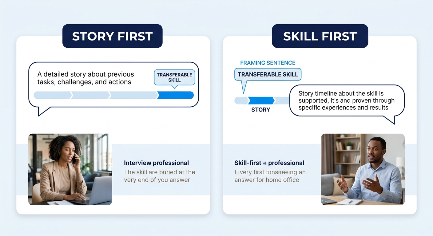 a side-by-side comparison showing two interview answer structures — one labeled "Story First" where the transferable skill appears buried at the end, and one labeled "Skill First" where the transferab