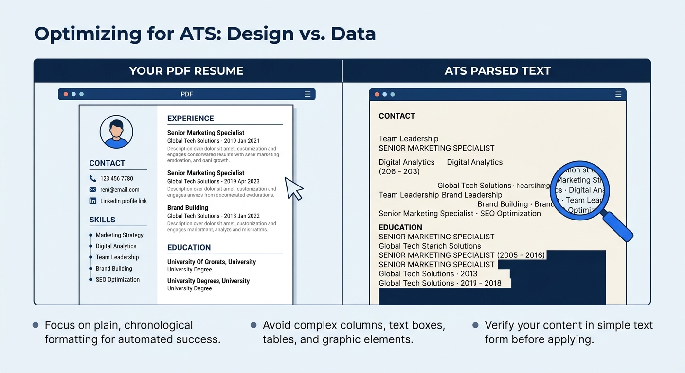 Side-by-side comparison showing a resume as it appears in a PDF viewer (clean, well-formatted with two columns and icons) versus the same resume as parsed by an ATS system (scrambled text, misplaced s