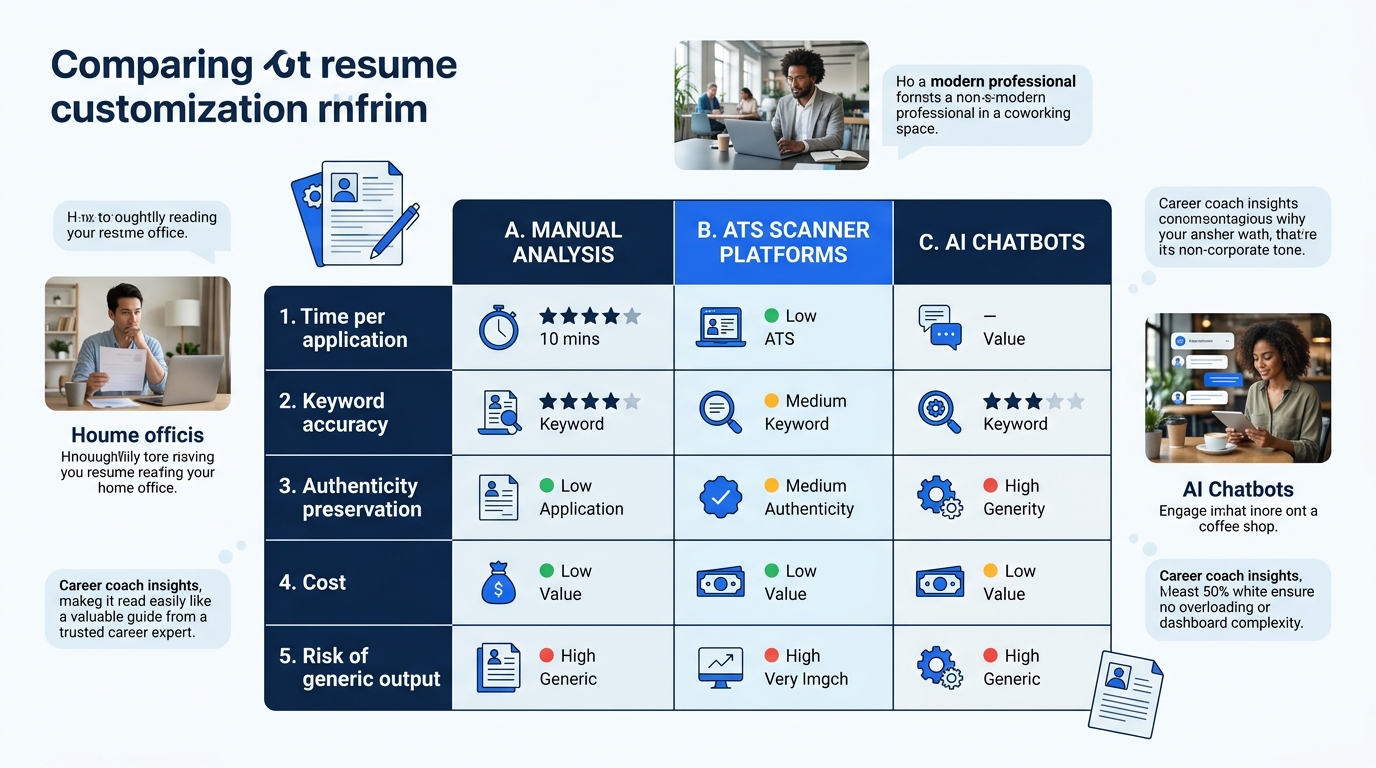 An infographic comparing three resume customization methods — Manual Analysis, ATS Scanner Platforms, and AI Chatbots — across five dimensions: time per application, keyword accuracy, authenticity pre