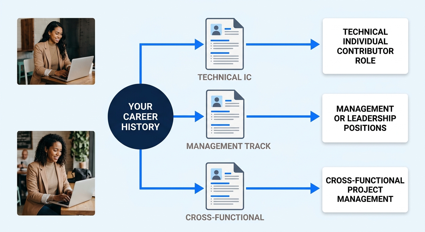 a diagram showing three resume documents branching from a central career history node, each labeled with a different focus area such as Technical IC and Management Track and Cross-Functional, with arr