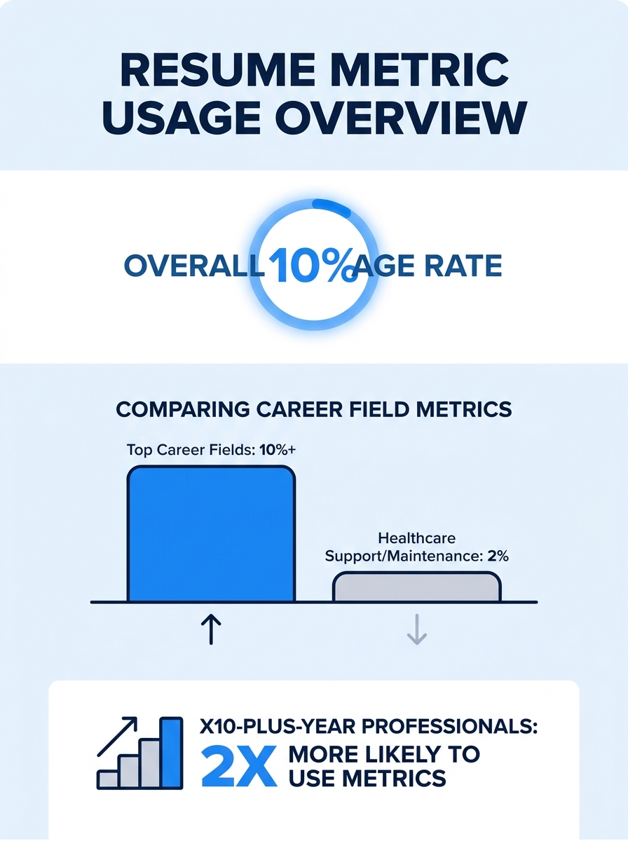 Infographic showing a bar chart comparing resume metric usage across career fields, with 10% overall rate highlighted at the top, 2% for healthcare support and maintenance roles at the bottom, and a c