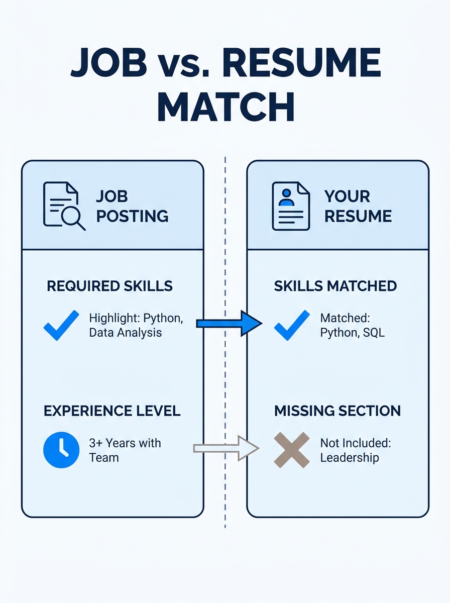 Split-screen view showing a job posting on the left with highlighted requirements and a resume on the right with corresponding sections marked as matched or missing