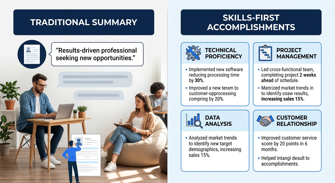 Side-by-side comparison of a generic resume summary section reading "Results-driven professional seeking new opportunities" versus a skills-first resume section with categorized skills tied to specifi