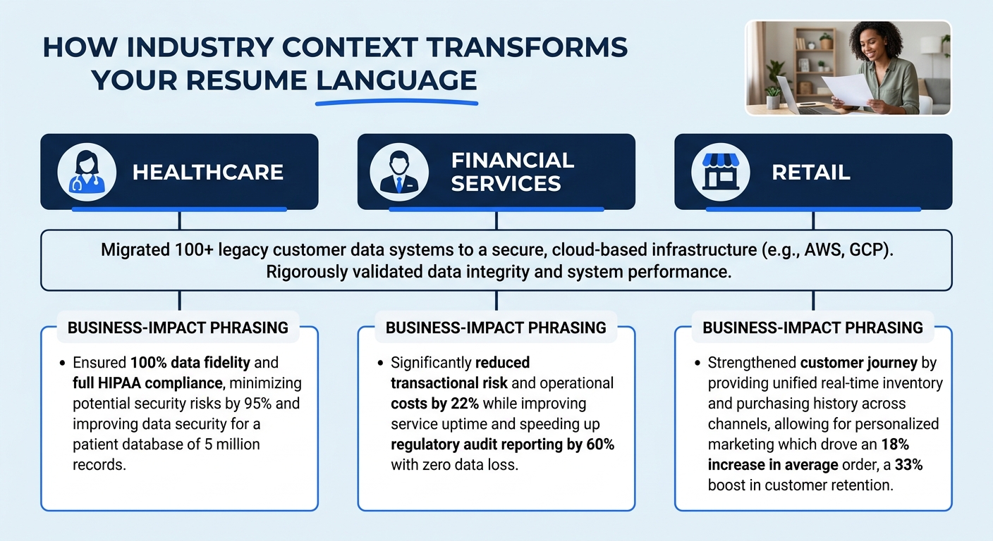 A diagram showing three industry columns labeled healthcare, financial services, and retail, each with the same technical migration task at the top but different business-impact phrasings at the botto