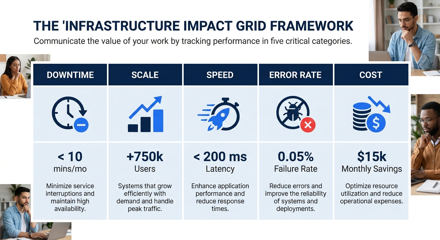 An infographic showing the Infrastructure Impact Grid framework with five metric categories (Downtime, Scale, Speed, Error Rate, Cost) arranged in a grid, each with an icon and a sample metric number