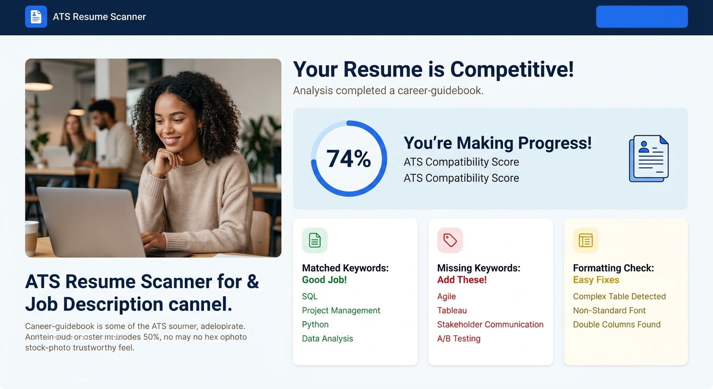 A dashboard mockup of an ATS resume scanner showing a match percentage score of 74%, with categorized lists of matched keywords in green, missing keywords in red, and formatting warnings in yellow