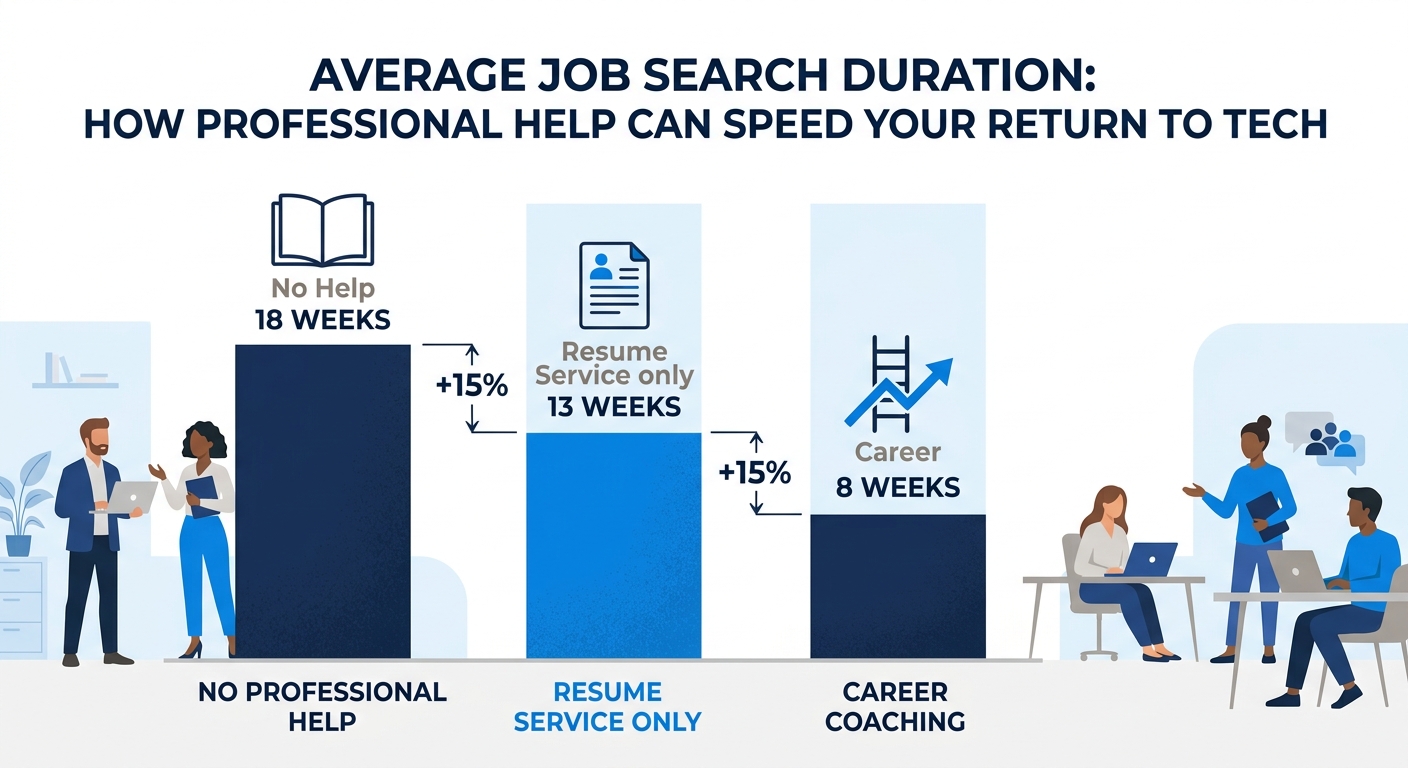 bar chart comparing average job search duration in weeks for three groups of displaced tech workers, those using no professional help averaging 18 weeks, resume service only averaging 13 weeks, and ca