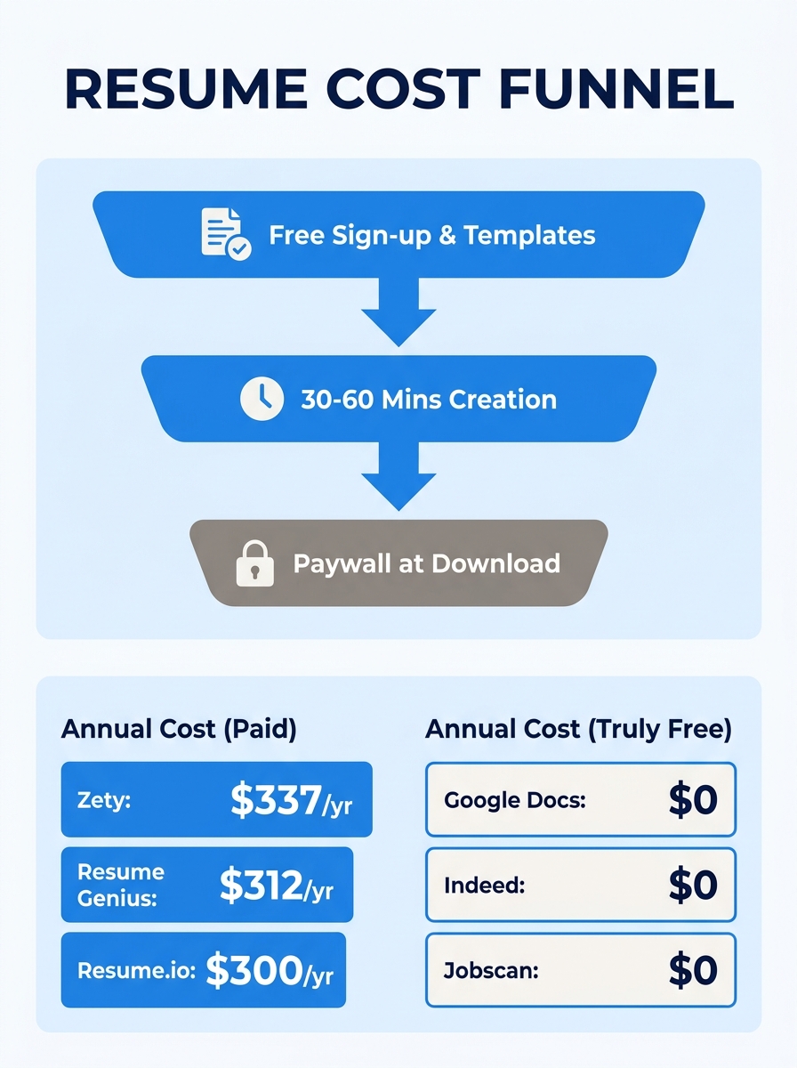 Infographic showing a three-step funnel diagram — Step 1 "Free sign-up and template selection" leading to Step 2 "30-60 minutes of resume creation" leading to Step 3 "Paywall at download" — with annua
