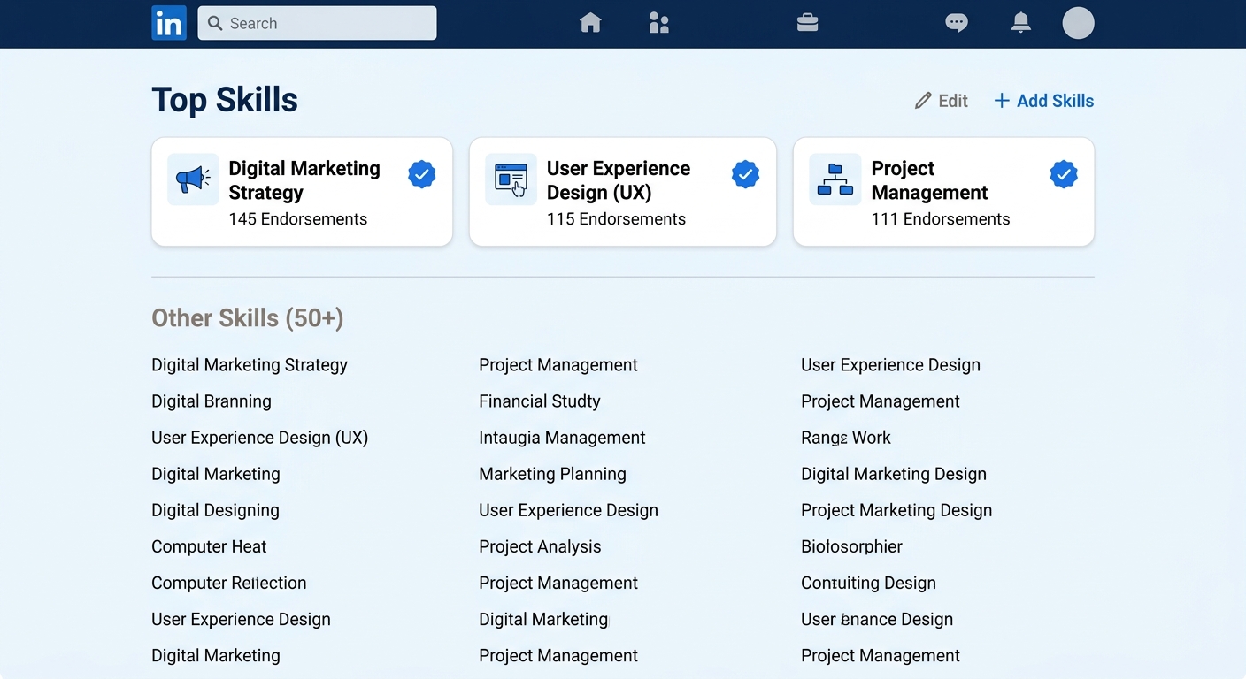 Screenshot-style illustration of a LinkedIn skills section showing 3 pinned skills with verification badges and endorsement counts, contrasted with a cluttered 50-skill list below