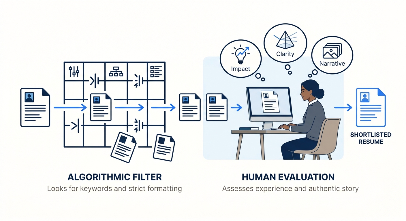 A conceptual illustration showing a resume document passing through two distinct filter layers — a rigid algorithmic filter represented by geometric grid patterns with some resumes being blocked, and