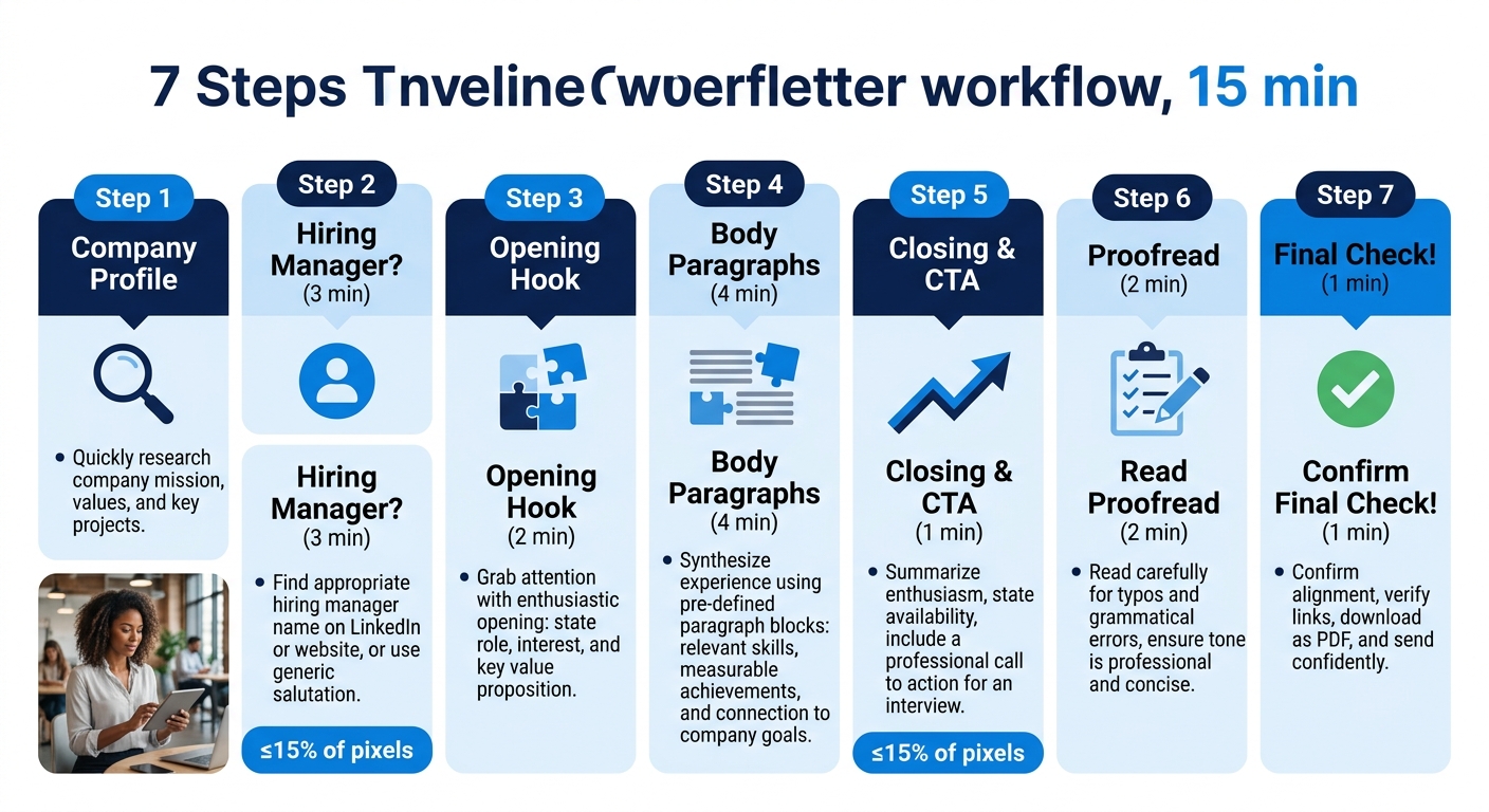 A visual timeline showing the 15-minute cover letter workflow as seven sequential steps with time estimates, flowing left to right, with icons representing each task — a magnifying glass for research,