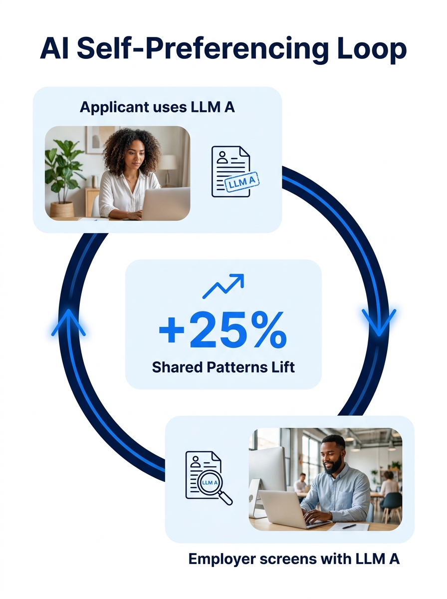 Diagram showing the AI self-preferencing loop - an applicant uses LLM A to write a résumé, employer uses LLM A to screen it, the résumé scores higher due to shared training patterns, with arrows showi