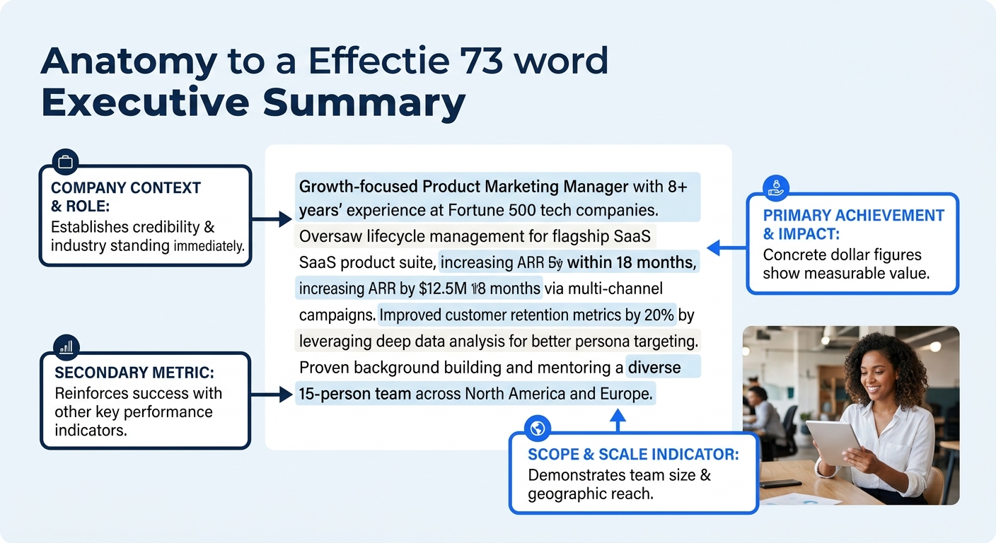 A visual diagram showing the anatomy of an effective 73-word executive summary, with labeled sections pointing to a company context element, a primary achievement with dollar figures, a secondary metr