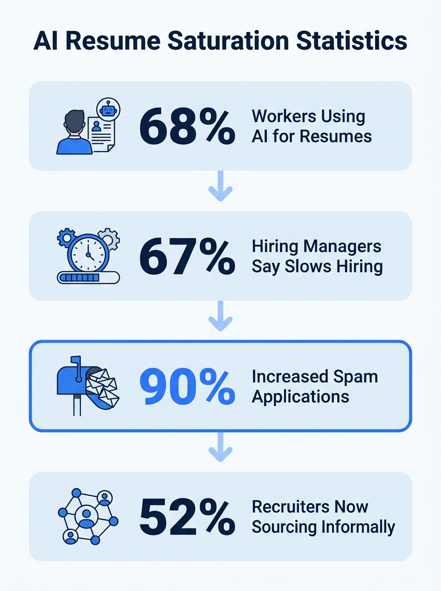 Infographic showing AI resume saturation statistics — 68% of workers using AI for resumes, 67% of hiring managers saying it slows hiring, 90% reporting increased spam applications, 52% of recruiters n