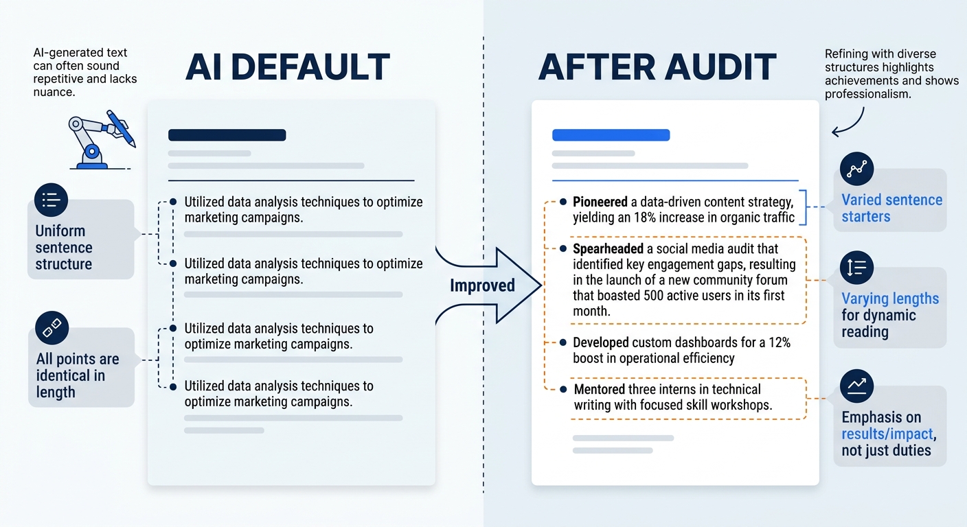 two resume excerpts shown side by side, one labeled "AI Default" with all bullets in identical parallel structure and uniform length, and one labeled "After Audit" with varied sentence structures and