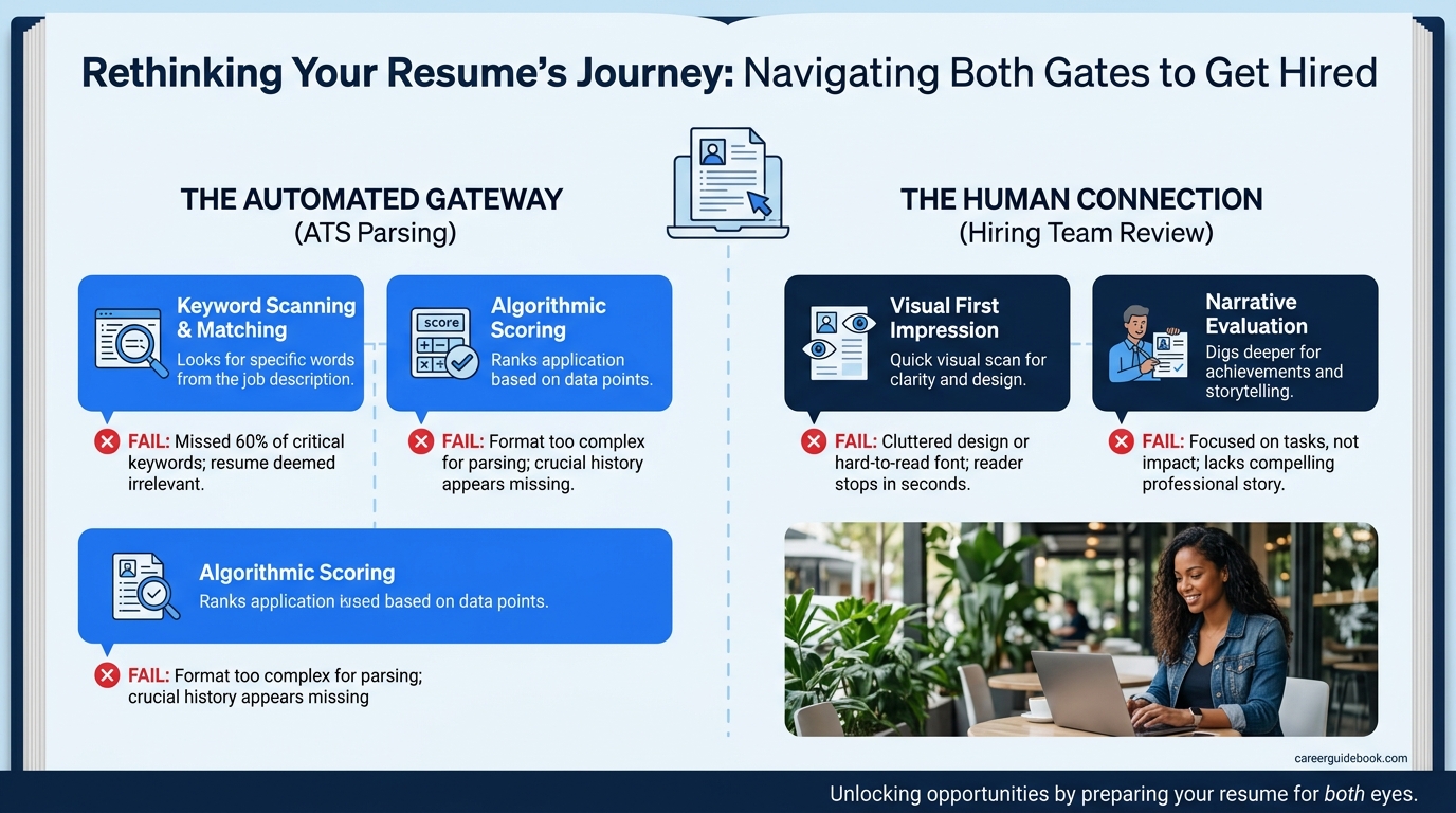diagram showing two parallel pathways a resume takes — one through ATS automated parsing (with keyword extraction and scoring steps) and one through direct human review (with visual impression and nar