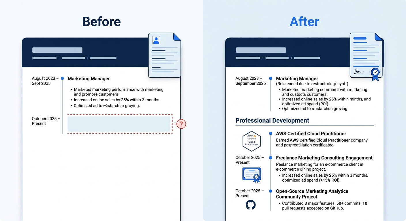 A side-by-side before-and-after comparison of a resume section. The left "Before" side shows a blank gap between October 2025 and Present with no explanation. The right "After" side shows a brief pare