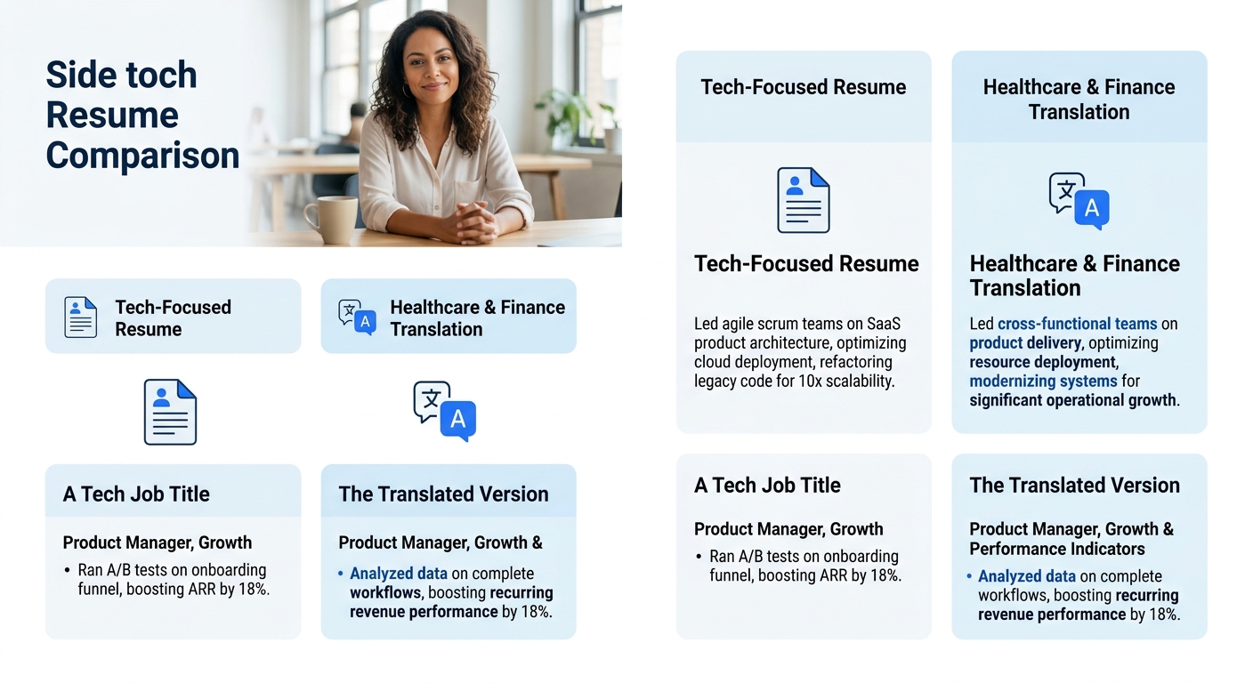 side-by-side resume comparison showing a before version with tech-company jargon and an after version translated for a healthcare or finance hiring audience, with highlighted changes in job titles, bu