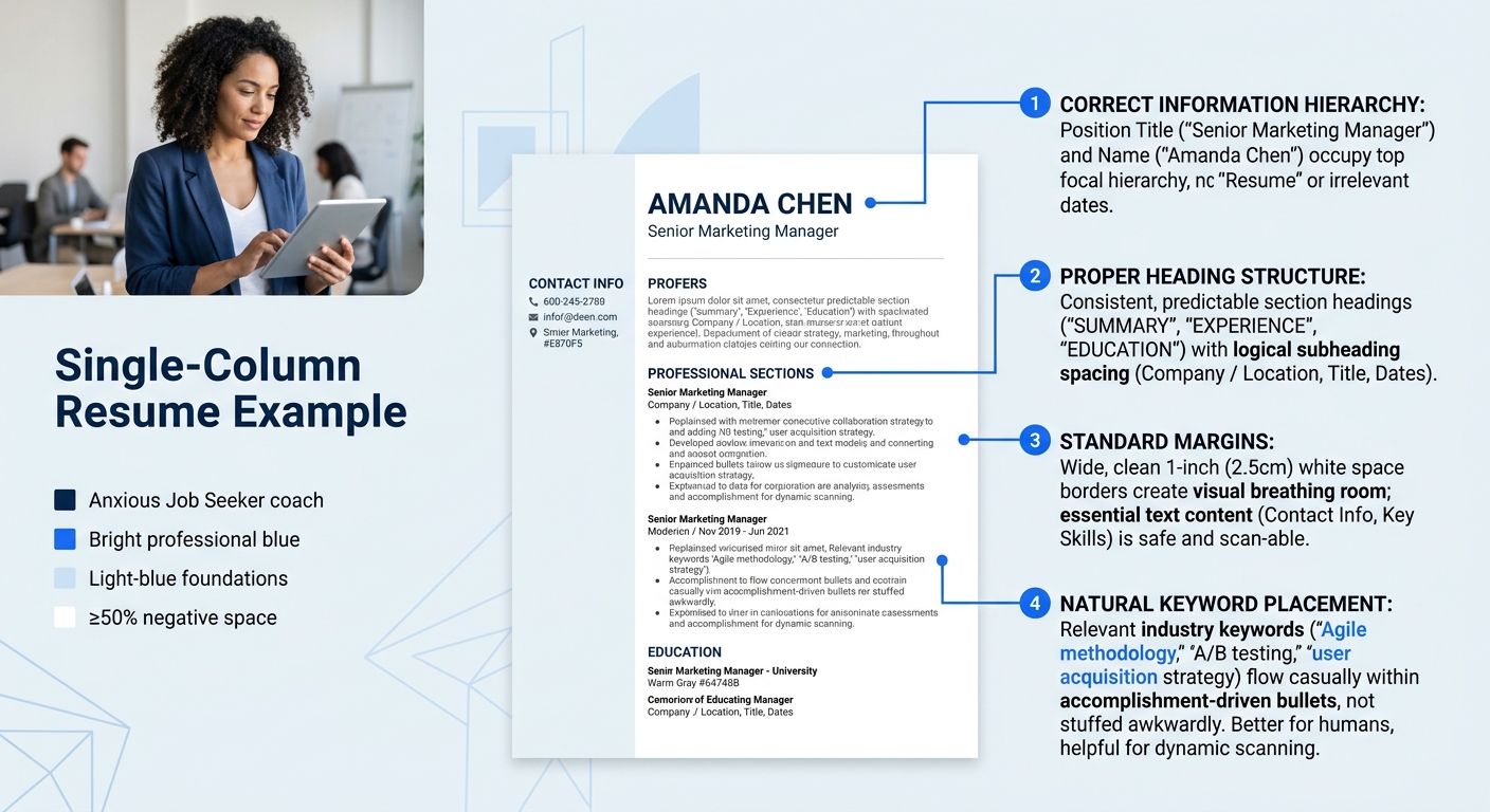 A clean, single-column resume example with annotations pointing out correct information hierarchy, proper heading structure, standard margins, and natural keyword placement within accomplishment bulle
