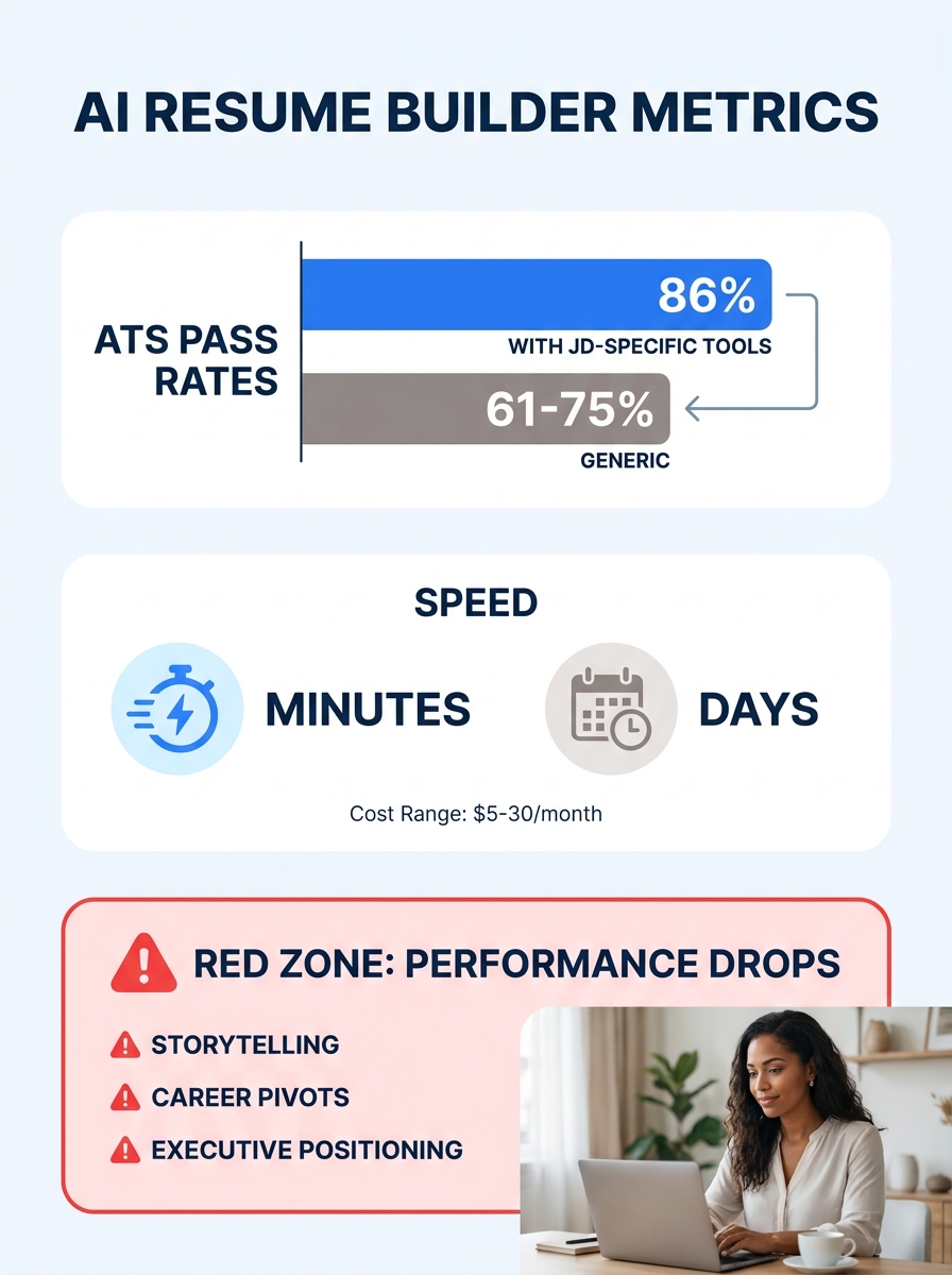 An infographic comparing AI resume builder metrics — showing ATS pass rates (86% with JD-specific tools vs. 61-75% generic), cost range ($5-30/month), speed (minutes vs. days), and a red zone indicati