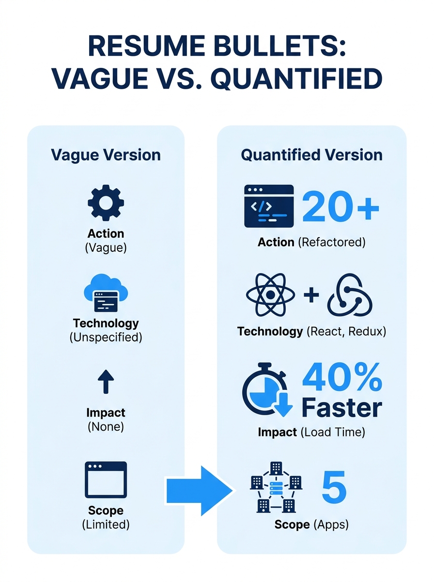 Side-by-side comparison of a vague developer resume bullet versus a specific, quantified version, showing the four components labeled: Action, Technology, Impact, Scope