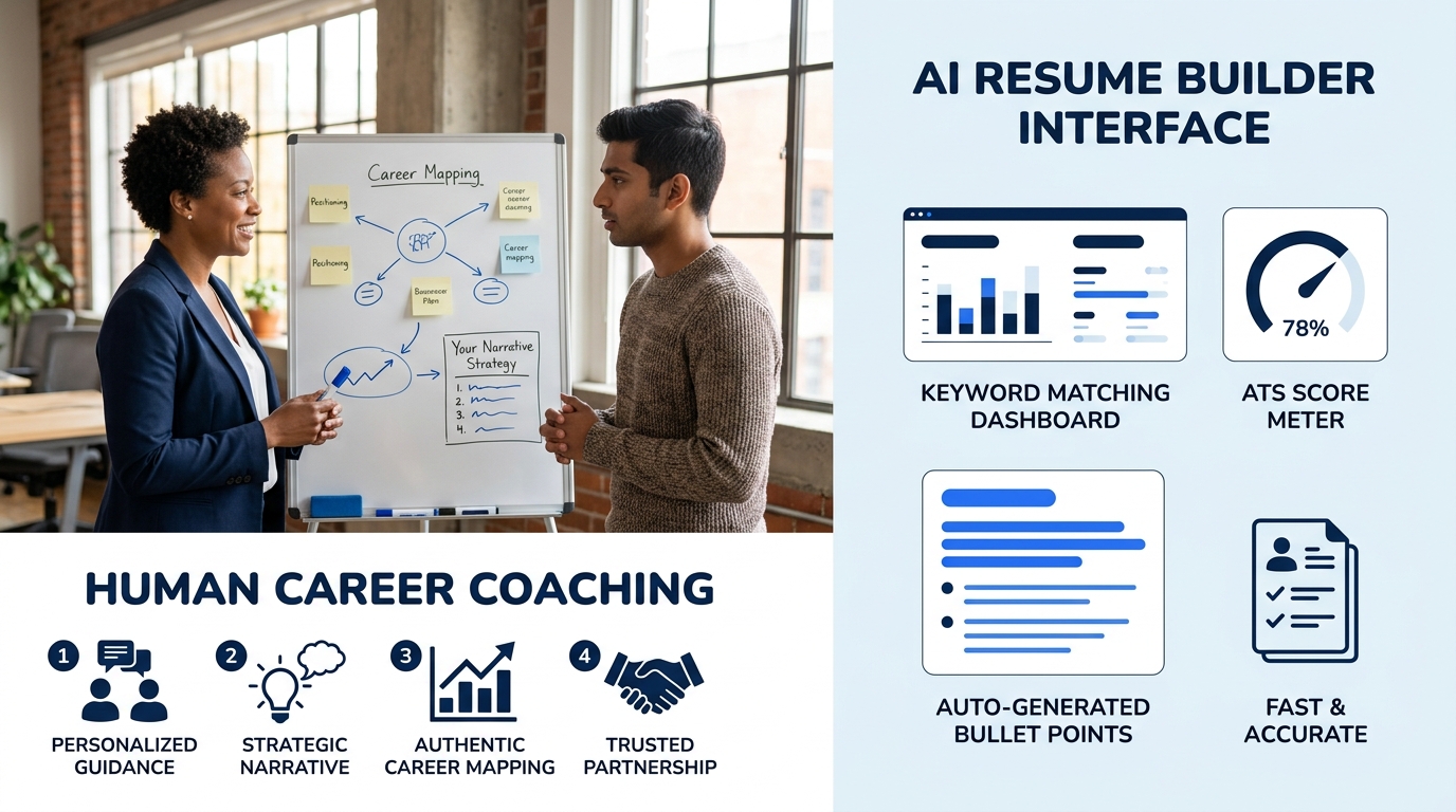 A side-by-side visual showing a human career coach session on the left (whiteboard with career mapping, positioning notes, narrative strategy) versus an AI resume builder interface on the right (keywo