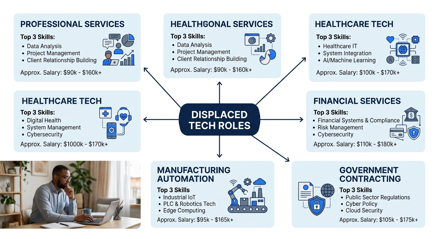 A diagram showing five career pathway branches radiating from a central node labeled displaced tech roles, with branches leading to professional services, healthcare tech, financial services, manufact