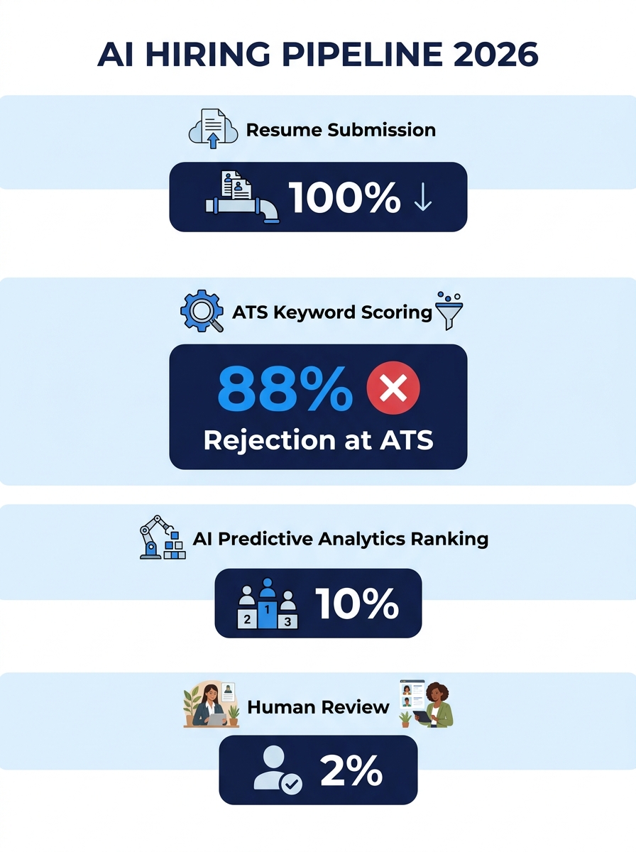 an infographic showing the AI hiring pipeline in 2026 — starting with resume submission, then ATS keyword scoring, then AI predictive analytics ranking, then human review, with percentage drop-off at