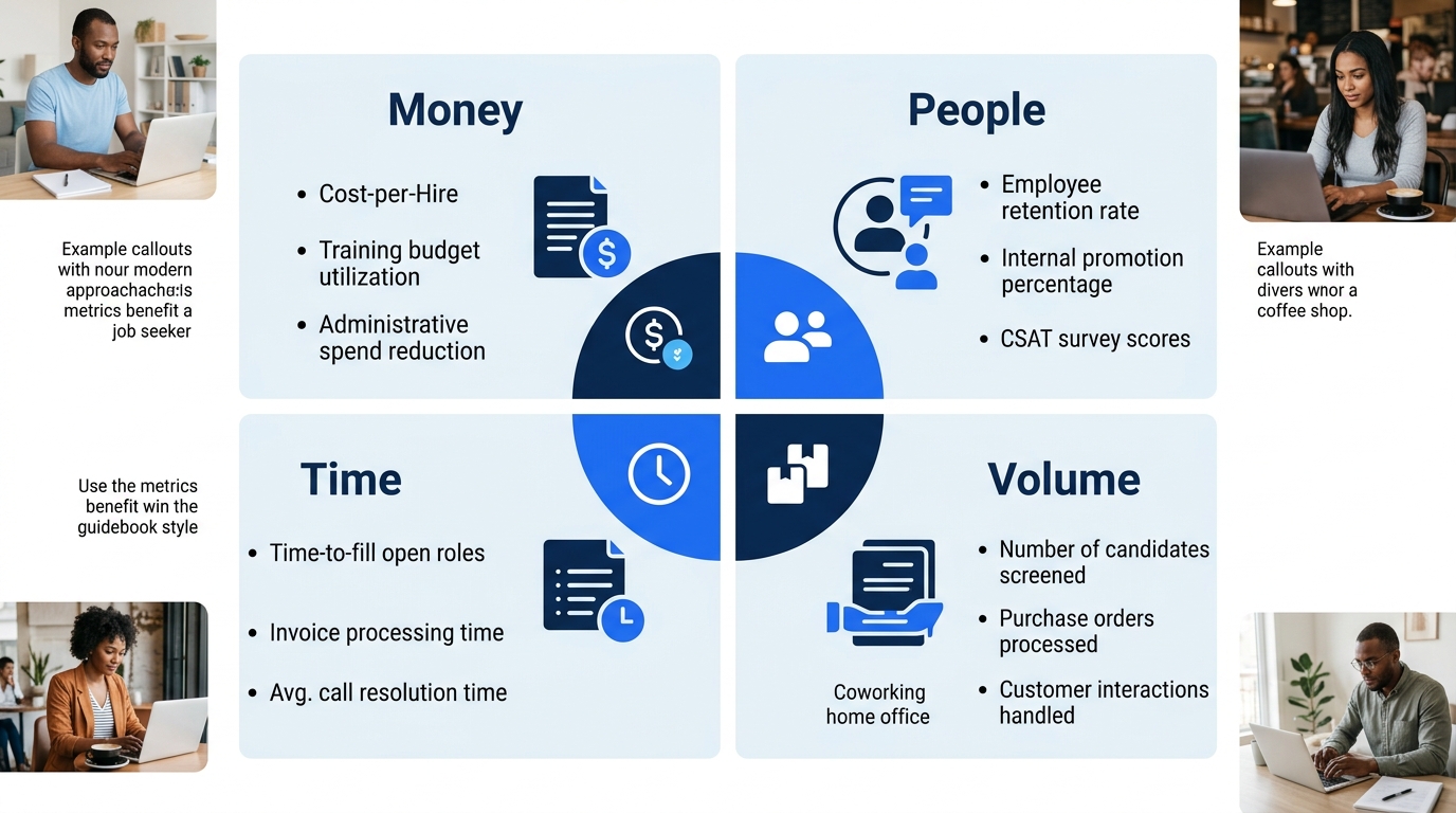 A clean 2x2 grid diagram showing the Four-Lens Metrics Audit with four quadrants labeled Money, People, Time, and Volume, each containing two to three example metrics for non-technical roles like HR,