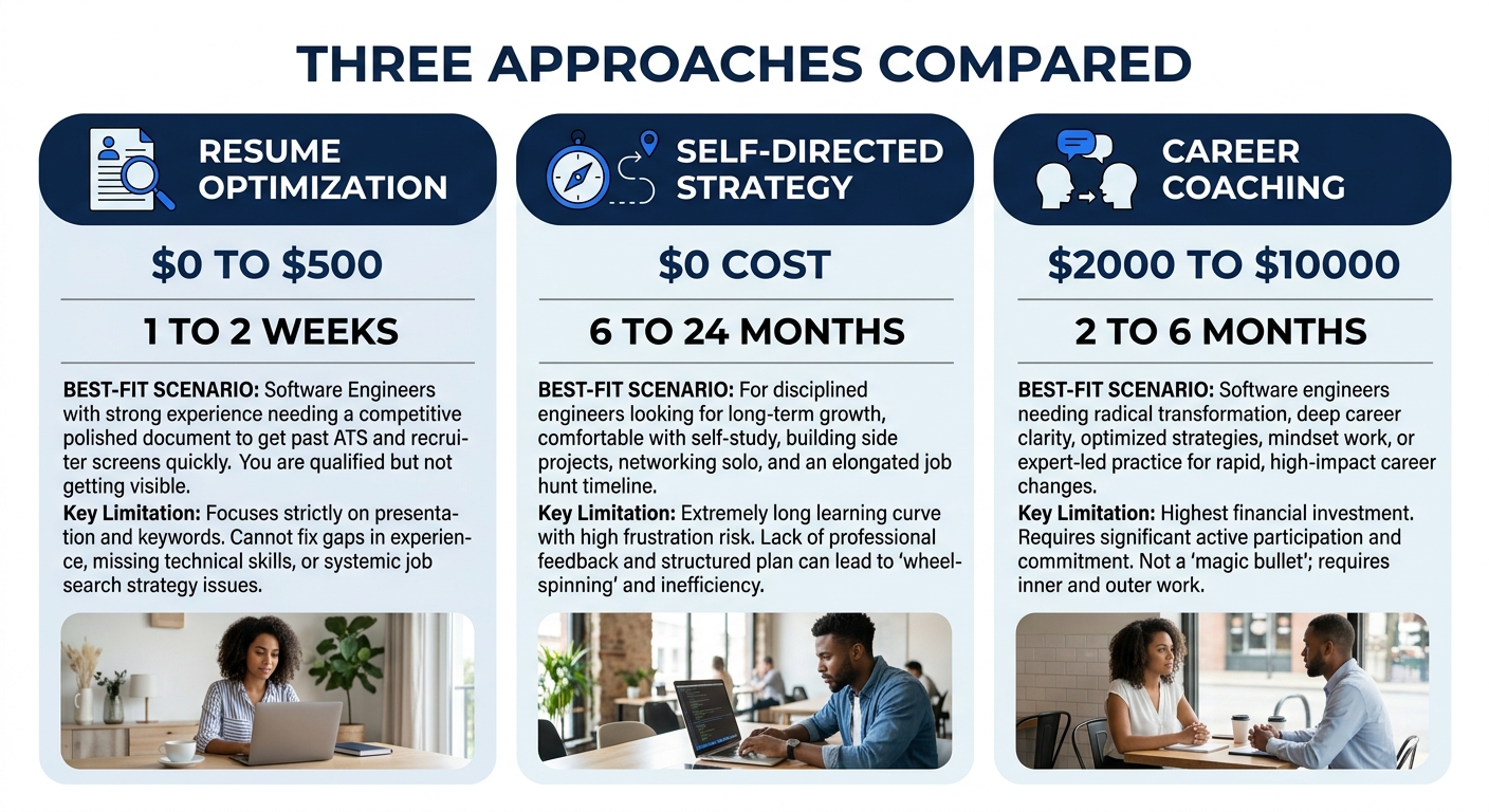 An infographic comparing three approaches for software engineers side by side in a table format, showing Resume Optimization at $0 to $500 cost with 1 to 2 week timeline, Self-Directed Strategy at $0