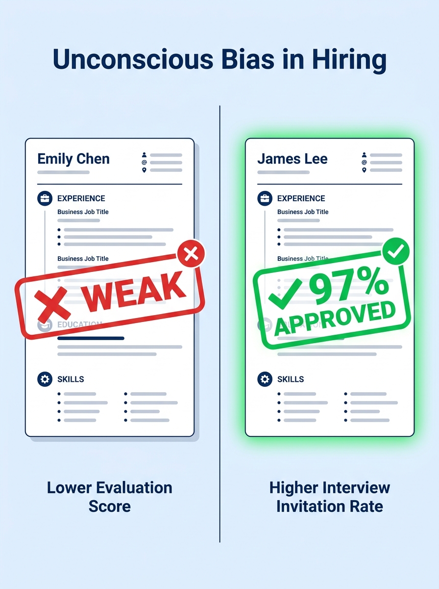 a split-screen visual showing two identical resume documents side by side, one labeled with a female name and one with a male name, with the female resume marked with a red "weak" stamp and the male r