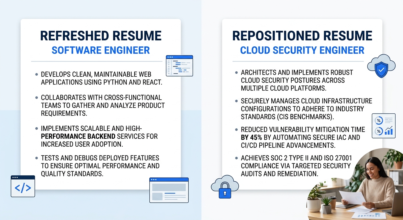 A split side-by-side comparison showing two resume headers, with the left side labeled Refreshed Resume displaying a generic Software Engineer title with standard Python and React bullet points, and t