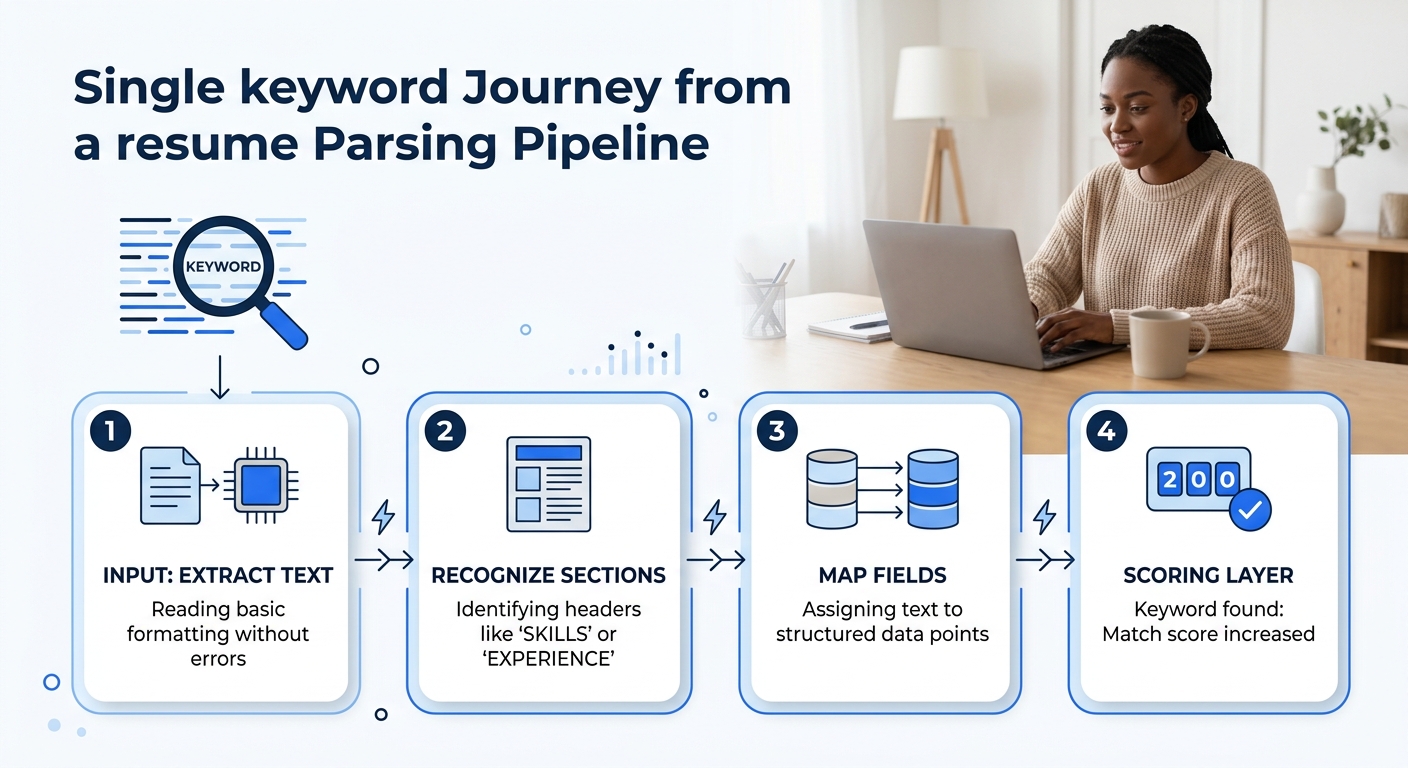 Diagram showing how a keyword from a job posting travels through the parsing pipeline — first the file must be extracted correctly, then the heading must be recognized, then the field must be mapped,
