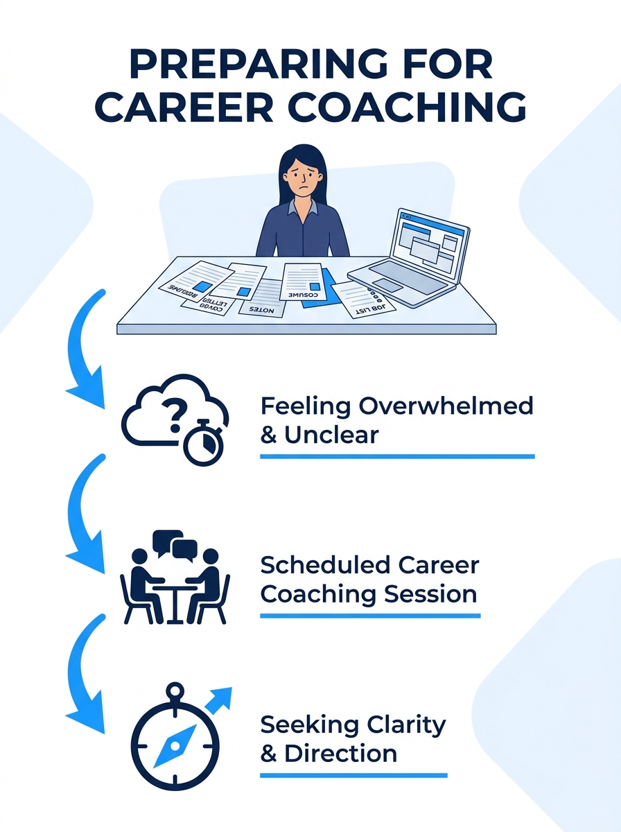 A professional sitting at a desk with scattered documents, a resume, and a laptop, looking uncertain and overwhelmed while preparing for an upcoming career coaching session