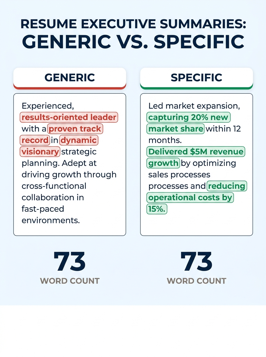 An infographic comparing two resume executive summaries side by side — left side labeled "Generic" with highlighted buzzword phrases like results-oriented leader, proven track record, and dynamic visi