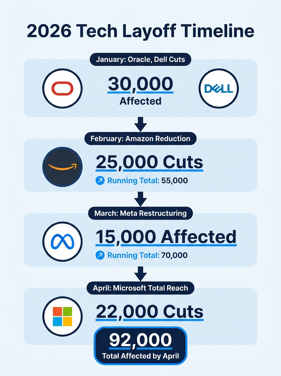 Infographic showing a timeline of major 2026 tech layoffs from January through April, with company logos for Oracle, Dell, Amazon, Meta, and Microsoft, individual cut numbers for each, and a cumulativ