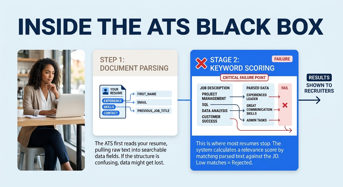 diagram showing how a resume moves through an ATS system in two stages - first parsing the document structure, then scoring keyword relevance against the job description, with the second stage highlig