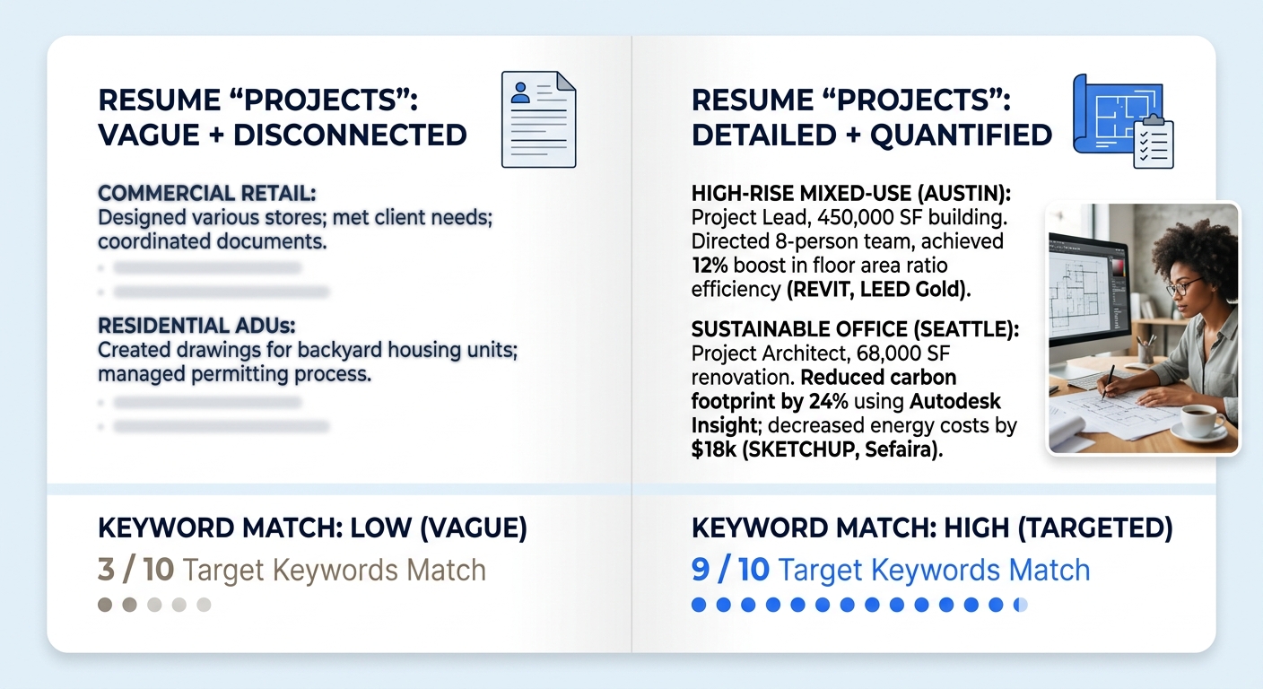 Side-by-side comparison of two architect resume project sections, one with vague descriptions showing low keyword match rates and one with detailed quantified entries showing project type, square foot