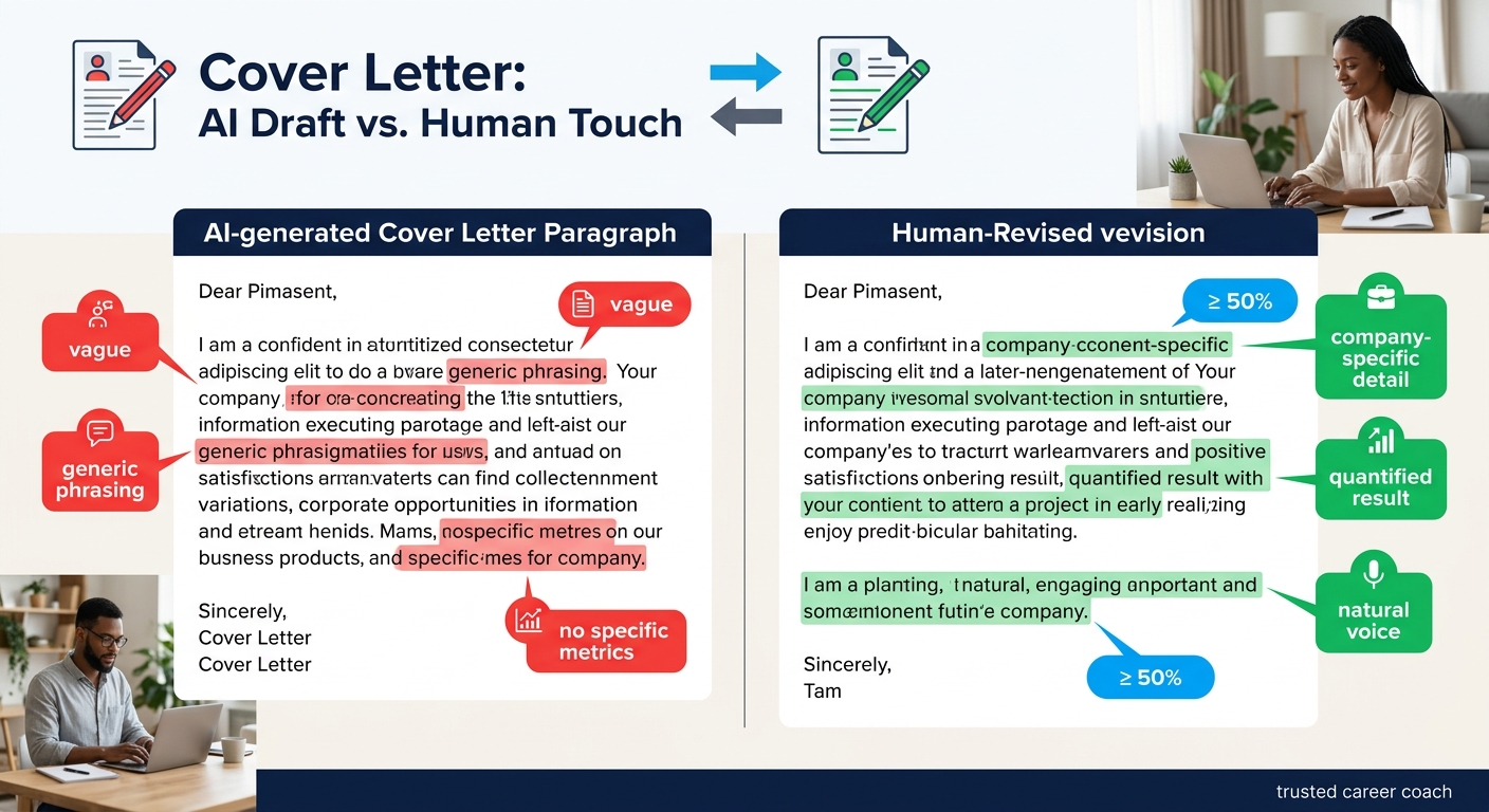 A side-by-side comparison showing an AI-generated cover letter paragraph on the left (highlighted in red with annotations like "vague," "generic phrasing," "no specific metrics") and a human-revised v
